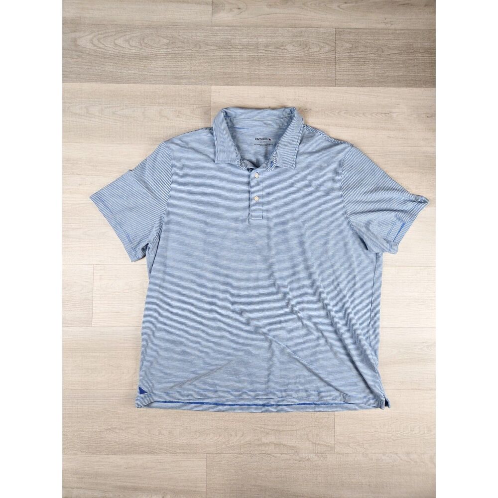 Untuckit Belvoir Mens XXL Light Blue White Striped Cotton Modal Polo Shirt EUC
